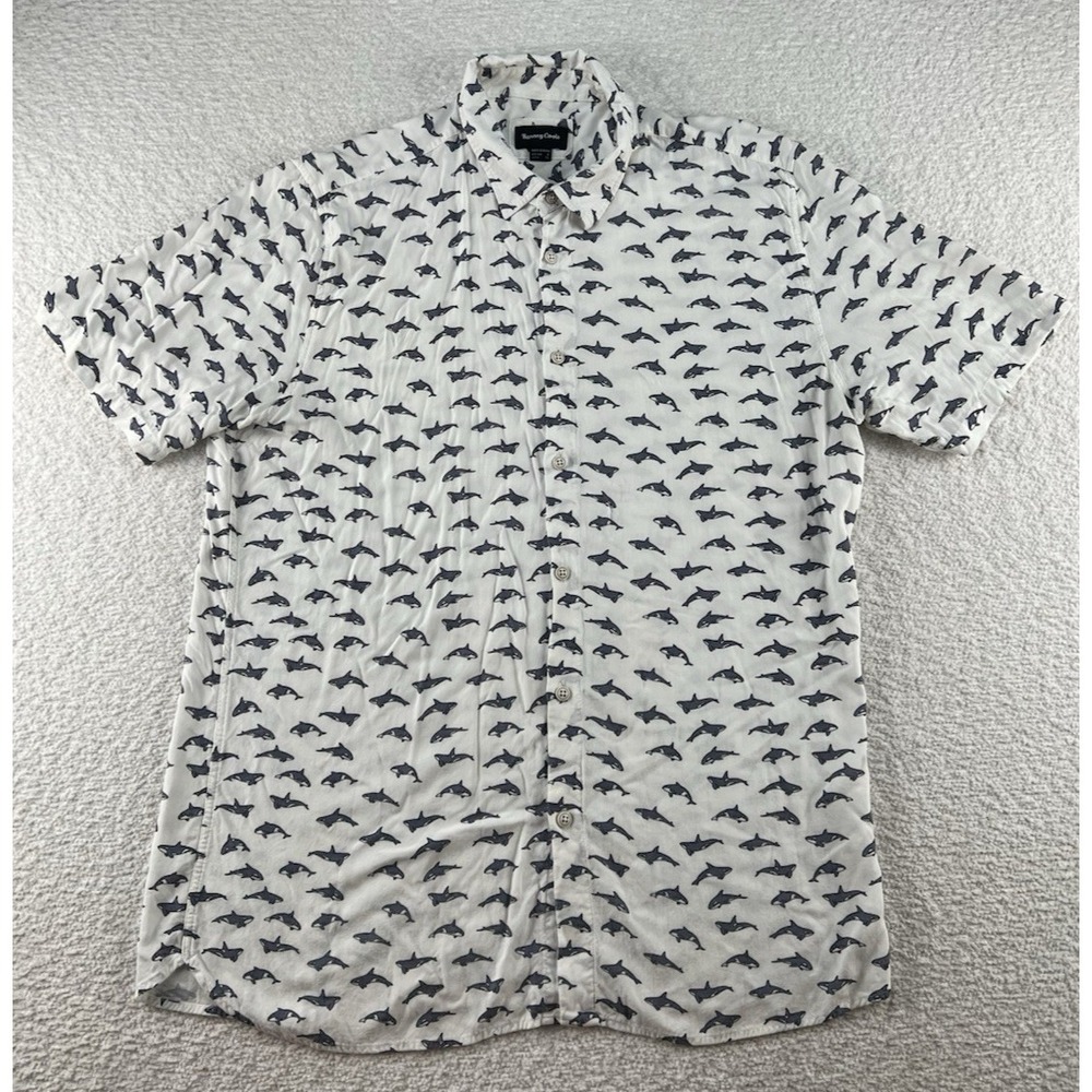 Barney Cools Mens L White Short Sleeve‎ Shirt Whales Rayon